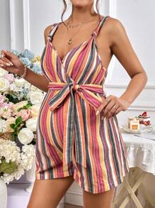 SHEIN Maternidad Mono de tirantes con estampado de rayas con cinturón - Multicolor - Ver 1