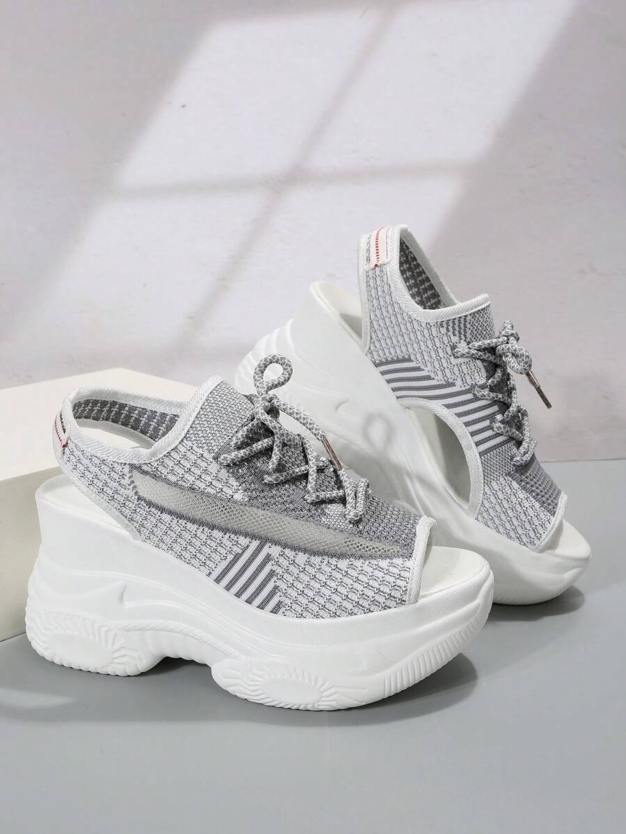 女士條紋圖案前綁帶運動戶外涼鞋 - 灰色 - 查看 1