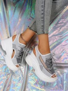 女士條紋圖案前綁帶運動戶外涼鞋 - 灰色 - 查看 3