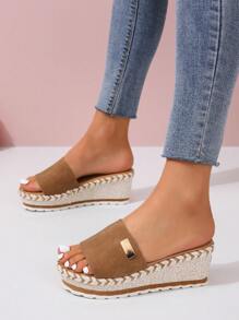 Dép màu nâu kỳ nghỉ dành cho nữ, Dép trang trí bằng kim loại Espadrille Wedge Slide - màu nâu - Xem 5