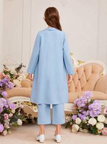 SHEIN Girls Waterfall Collar Open Front Coat & Trousers Without Cami Top - Baby Blue - View 2