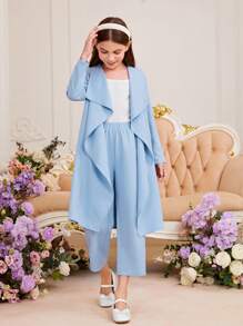 SHEIN Girls Waterfall Collar Open Front Coat & Trousers Without Cami Top - Baby Blue - View 5