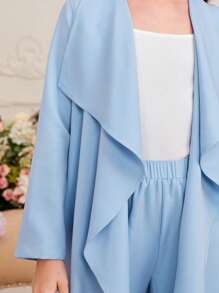 SHEIN Girls Waterfall Collar Open Front Coat & Trousers Without Cami Top - Baby Blue - View 6