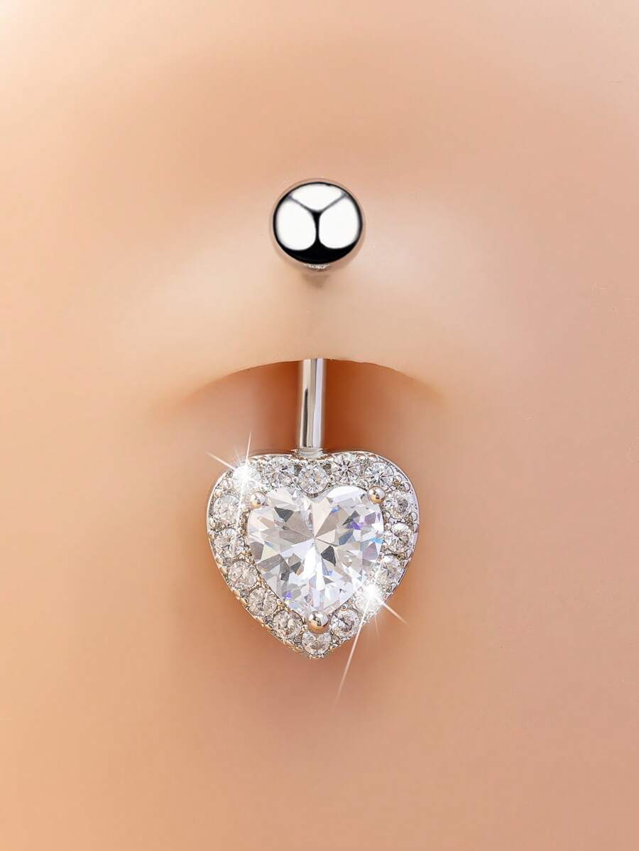 1入組前衛方晶鋯石愛心裝飾臍環適合女士日常裝飾 - 銀色 - 查看 1