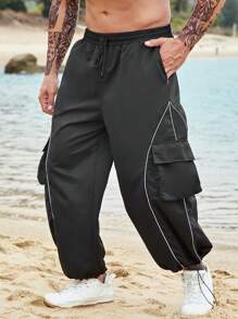 Manfinity Men Contrast Piping Flap Pocket Drawstring Waist Cargo Trousers - Black - View 2