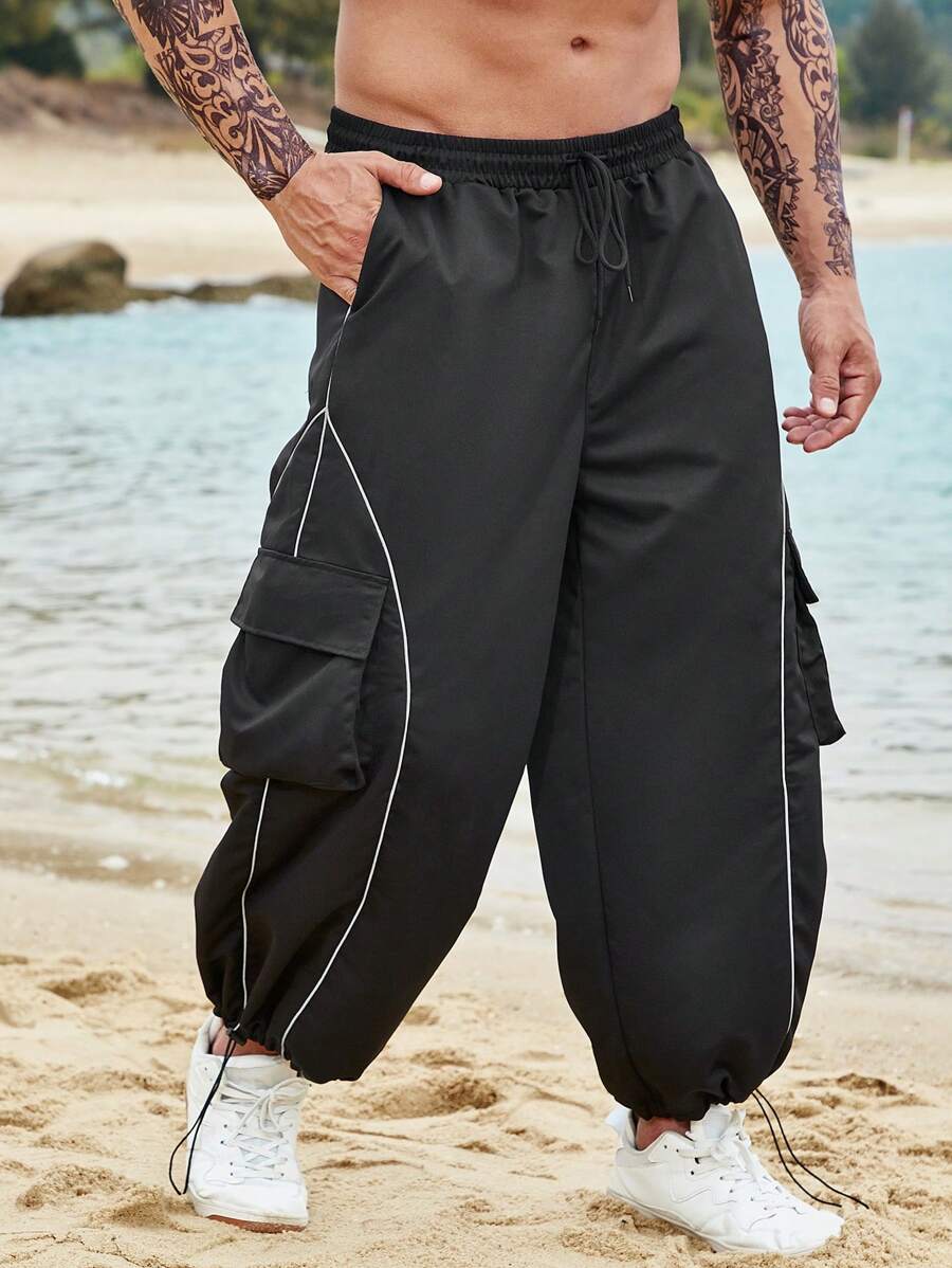 Manfinity Men Contrast Piping Flap Pocket Drawstring Waist Cargo Trousers - Black - View 1