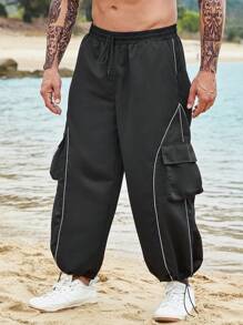 Manfinity Men Contrast Piping Flap Pocket Drawstring Waist Cargo Trousers - Black - View 5