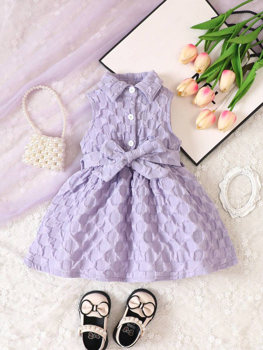 嬰兒素色紋理質感襯衫連衣裙 - 淡紫色 - 查看 1
