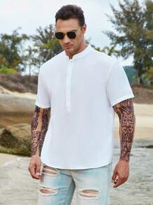 Manfinity Homme Men Plus Solid Half Button Shirt - White - View 2