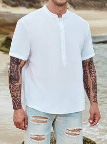 Manfinity Homme Men Plus Solid Half Button Shirt - White - View 5