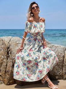 SHEIN VCAY Vestido con cinturón con estampado floral de hombros descubiertos bajo con fruncido - Multicolor - Ver 1