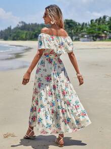 SHEIN VCAY Vestido con cinturón con estampado floral de hombros descubiertos bajo con fruncido - Multicolor - Ver 2