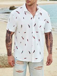 Manfinity Homme Men Plus Feather Print Button Up Shirt - White - View 4