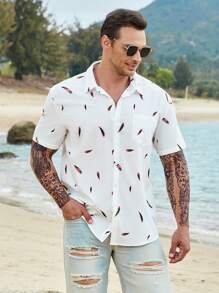 Manfinity Homme Men Plus Feather Print Button Up Shirt - White - View 5