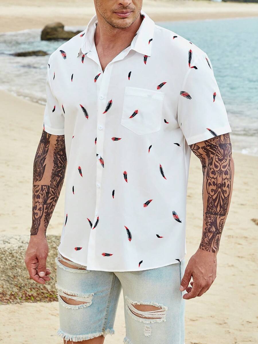 Manfinity Homme Men Plus Feather Print Button Up Shirt - White - View 1