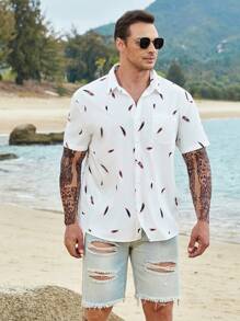 Manfinity Homme Men Plus Feather Print Button Up Shirt - White - View 7
