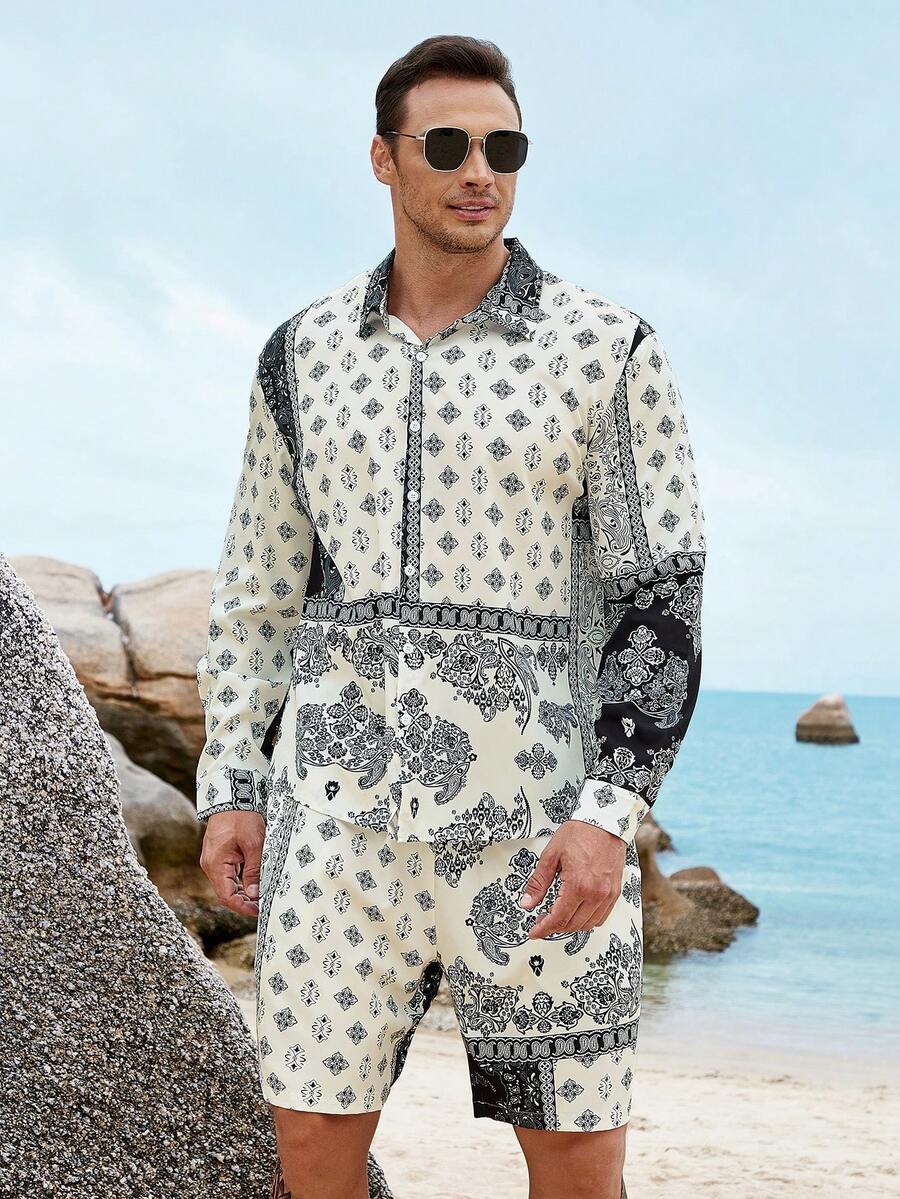 Manfinity Men Plus Paisley Print Shirt & Shorts - Multicolor - View 1