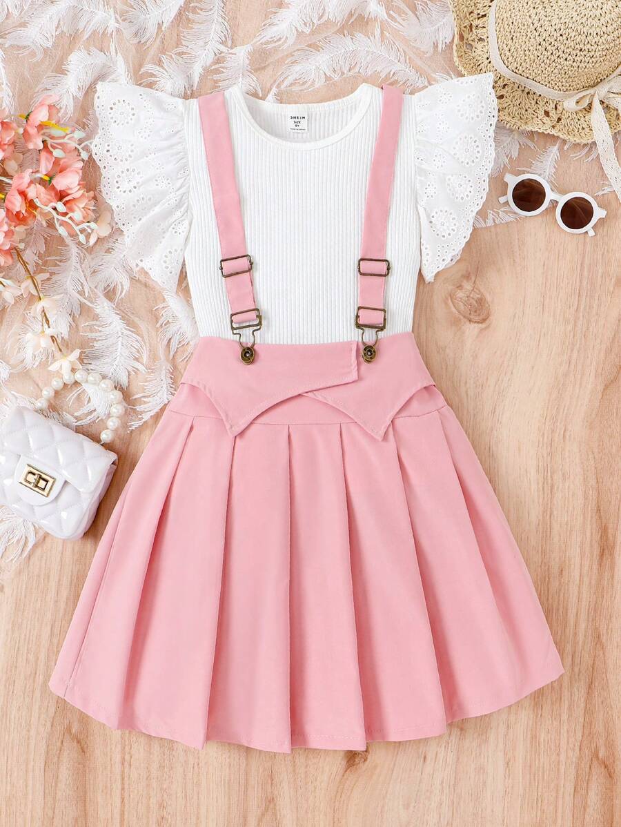 SHEIN Vintaside Kids Tween Girl Solid Color Round Neck Ruffle Sleeve T-Shirt And Pleated Suspender Skirt Cute Casual 2-Piece Set - Multicolor - View 1