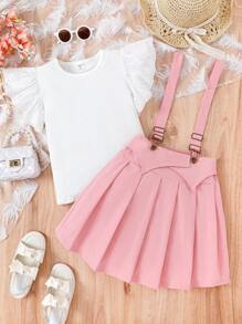 SHEIN Vintaside Kids Tween Girl Solid Color Round Neck Ruffle Sleeve T-Shirt And Pleated Suspender Skirt Cute Casual 2-Piece Set - Multicolor - View 3