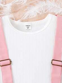 SHEIN Vintaside Kids Tween Girl Solid Color Round Neck Ruffle Sleeve T-Shirt And Pleated Suspender Skirt Cute Casual 2-Piece Set - Multicolor - View 4