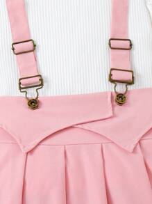 SHEIN Vintaside Kids Tween Girl Solid Color Round Neck Ruffle Sleeve T-Shirt And Pleated Suspender Skirt Cute Casual 2-Piece Set - Multicolor - View 6