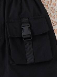 تنورة شحن بتفاصيل جيوب على شكل يرقة وخصر Paperbag لفتاة مراهقة - الأسود - مشاهدة 5