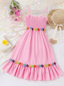 女孩貼花細節荷葉邊吊帶連衣裙 - 粉色 - 查看 1