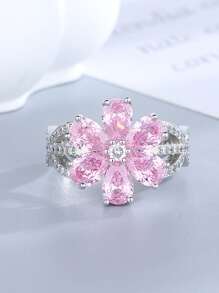 Anillo zirconia cúbica con diseño de flor - Rosa - Ver 4