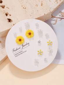 7對/套時尚花和人造珍珠裝飾耳釘適合女士日常裝飾 - 彩色 - 查看 2