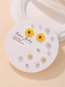 7對/套時尚花和人造珍珠裝飾耳釘適合女士日常裝飾 - 彩色 - 查看 3