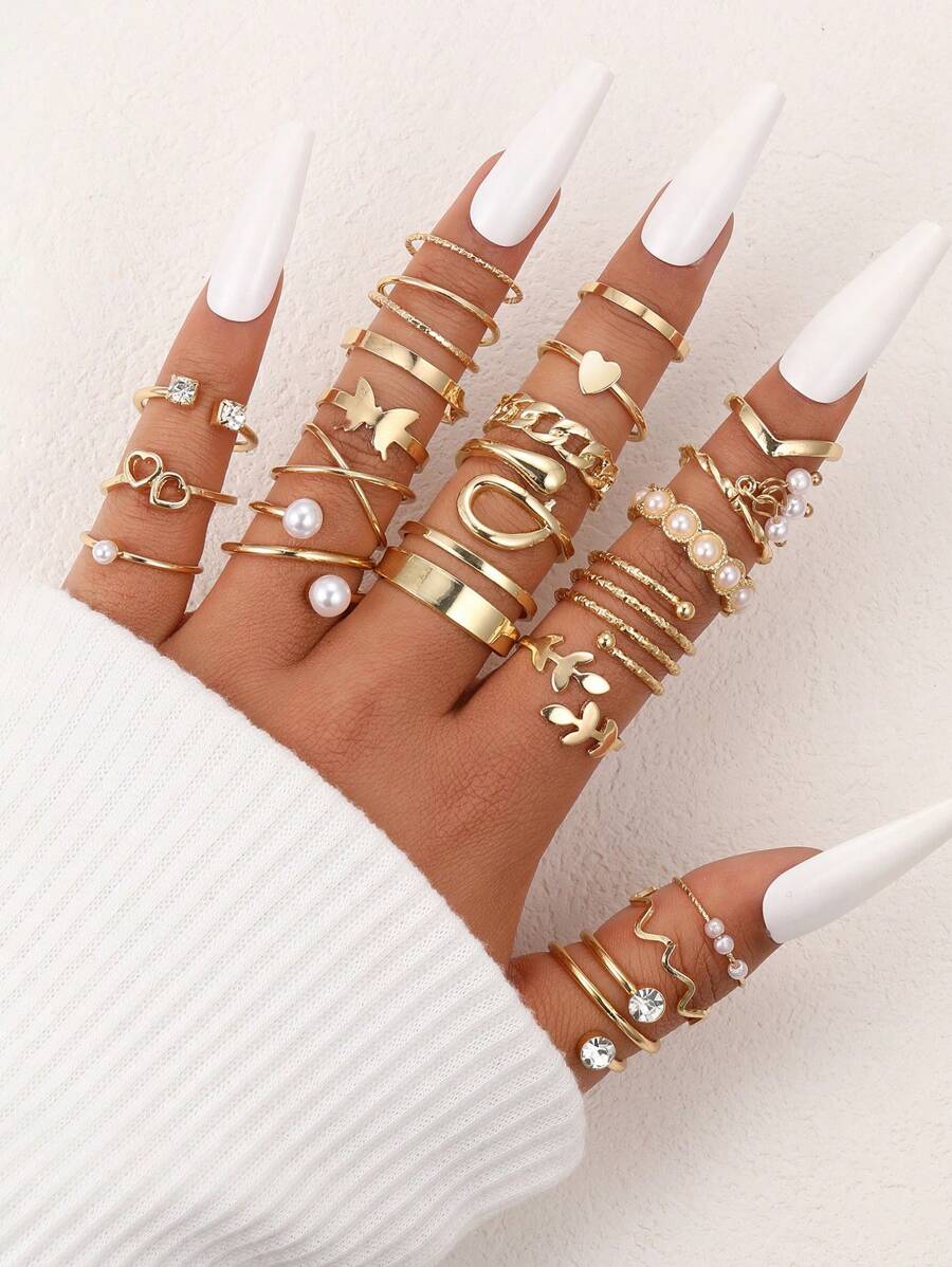 17KM 21 cái/bộ Thời trang Ngọc trai Giả Loại bướm Lá cây Xoắn Trang trí Bộ nhẫn Đối với phụ nữ Để Trang Trí Hàng Ngày