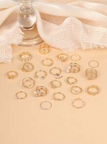 17KM 21 cái/bộ Thời trang Ngọc trai Giả Loại bướm Lá cây Xoắn Trang trí Bộ nhẫn Đối với phụ nữ Để Trang Trí Hàng Ngày - Vàng - Xem 3