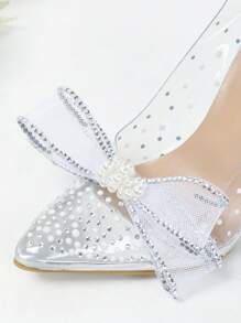 Mujer Tacones con diamante de imitación & con diseño de lazo de punta con tacón delgado atractivo exterior PVC - Plateado - Ver 5