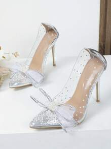 Mujer Tacones con diamante de imitación & con diseño de lazo de punta con tacón delgado atractivo exterior PVC - Plateado - Ver 6