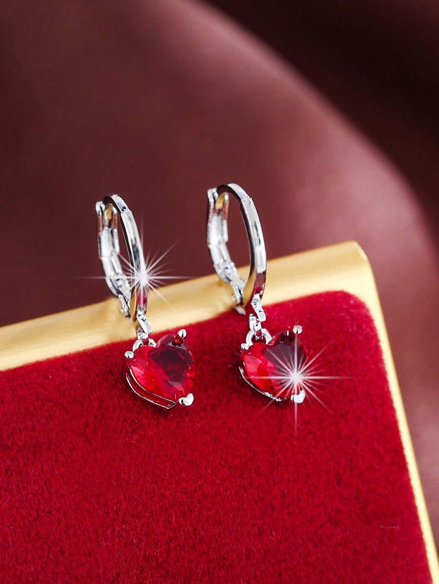 方晶锆石心形吊坠耳环 情人节、妈妈、母亲、母亲节、礼物 - 紅色 - 查看 1