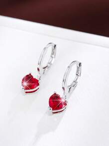 方晶锆石心形吊坠耳环 情人节、妈妈、母亲、母亲节、礼物 - 紅色 - 查看 3