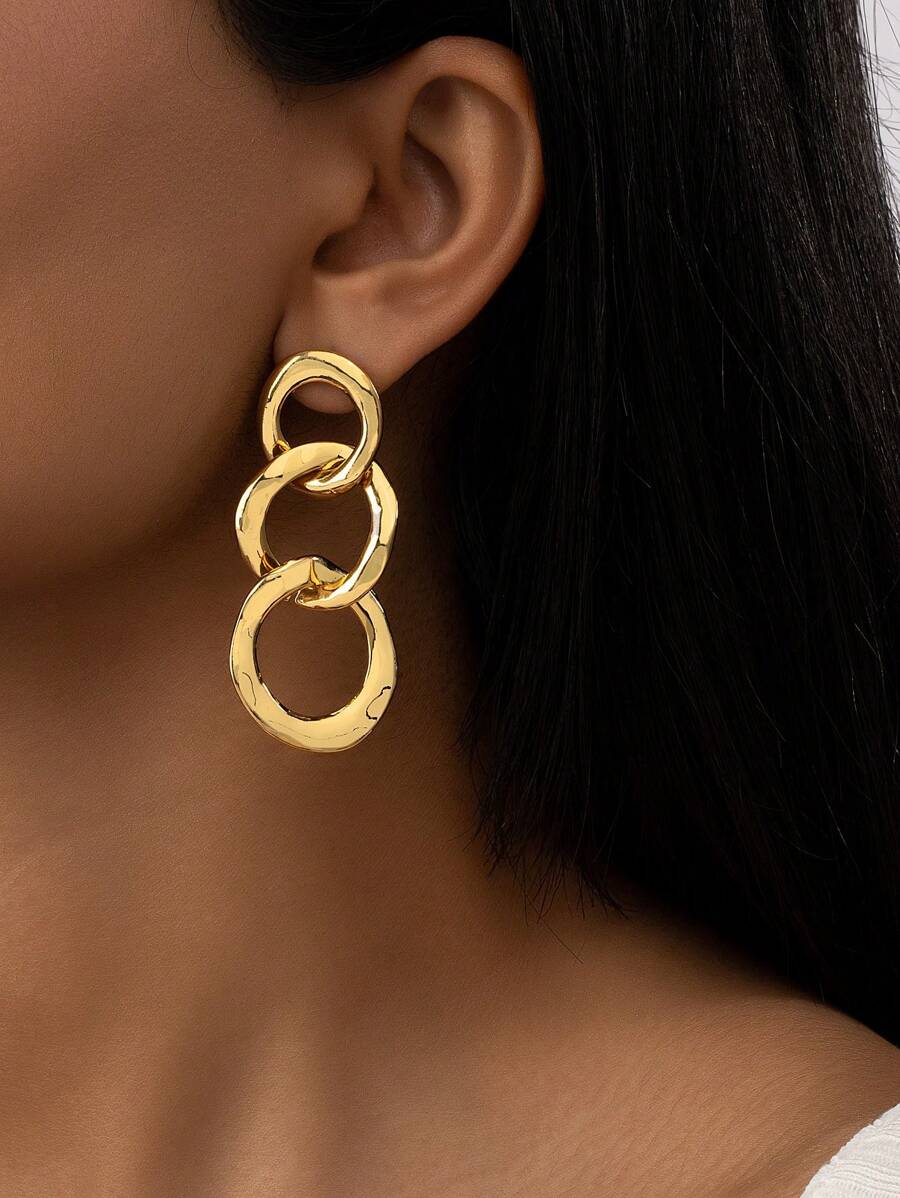 Chain Design Drop Earrings - Gold - View 1