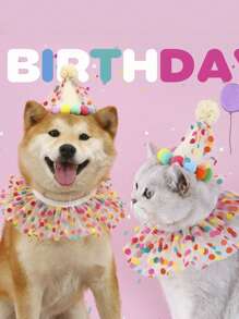 1入組絨球裝飾寵物帽子和1入組波點圖案寵物圍巾適用於狗狗和貓適合派對 - 彩色 - 查看 1