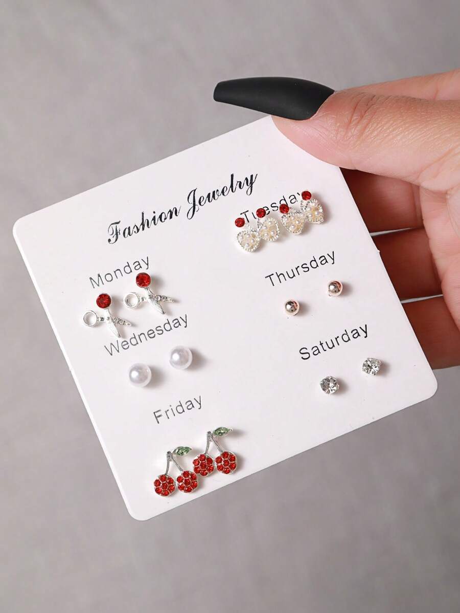 6對/組假珍珠和櫻桃裝飾耳釘 - 彩色 - 查看 1