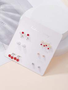 6對/組假珍珠和櫻桃裝飾耳釘 - 彩色 - 查看 2