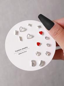 7對/套時尚心和水鑽裝飾耳釘適合女士日常裝飾 - 彩色 - 查看 1