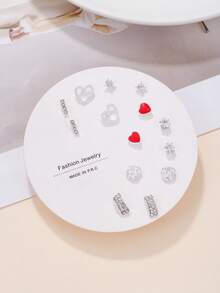 7對/套時尚心和水鑽裝飾耳釘適合女士日常裝飾 - 彩色 - 查看 3
