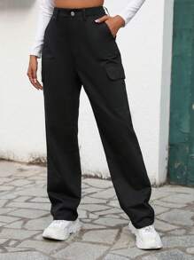 SHEIN EZwear Flap Pocket Side Cargo Pants - Black - View 3