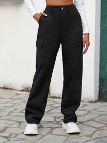 SHEIN EZwear Flap Pocket Side Cargo Pants - Black - View 5