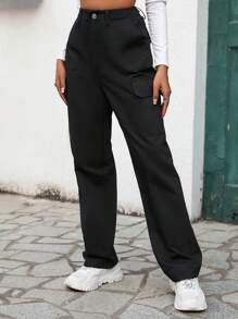 SHEIN EZwear Flap Pocket Side Cargo Pants - Black - View 6
