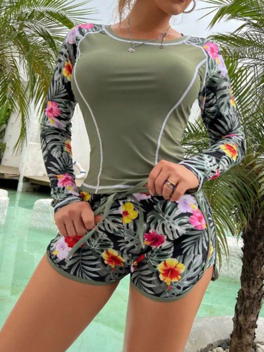 Shorts con estampado tropical, tankini con manga larga para playa de verano - Multicolor - Ver 1