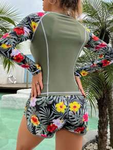 Shorts con estampado tropical, tankini con manga larga para playa de verano - Multicolor - Ver 2