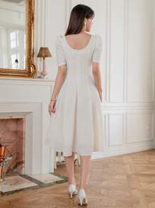 DAZY 纯色泡泡袖 A 字裙太阳裙 - 白色 - 查看 2