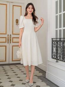 DAZY 纯色泡泡袖 A 字裙太阳裙 - 白色 - 查看 3