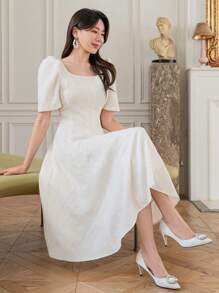 DAZY 纯色泡泡袖 A 字裙太阳裙 - 白色 - 查看 8